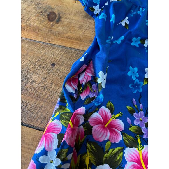 Womens UI MAIKAI Blue Hawaiian Floral Hibiscus Short Sleeve Summer Dress - Picture 6 of 9